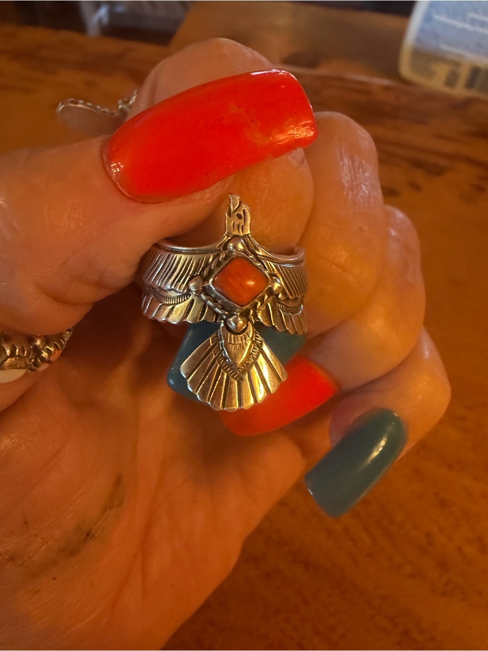 Native made Silver Eagle Ring with Orange spiny Stone adjustable